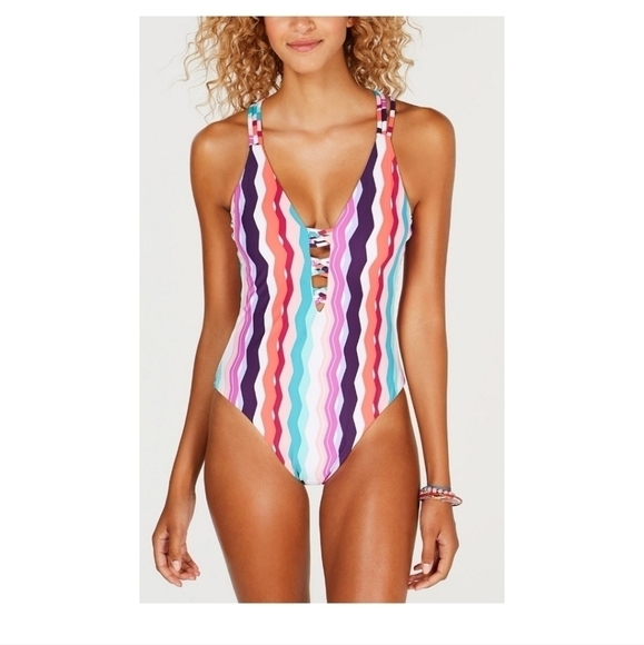 Bar III sz large striped one piece plunge cutout swimsuit new with tags SW2 - Picture 1 of 5